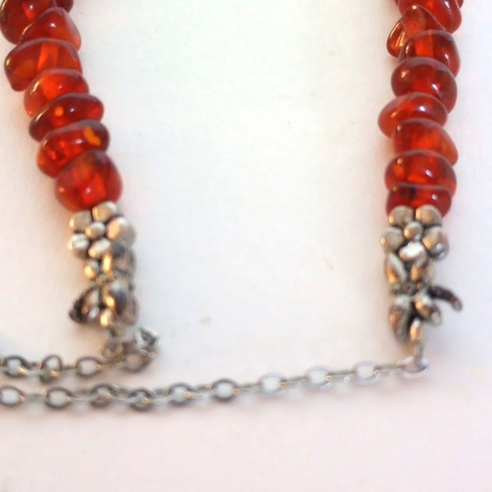 BALTIC AMBER NECKLACE 19 " LONG SILVER PLATED FLOWERS DRAGONFLY - Picture 4 of 6